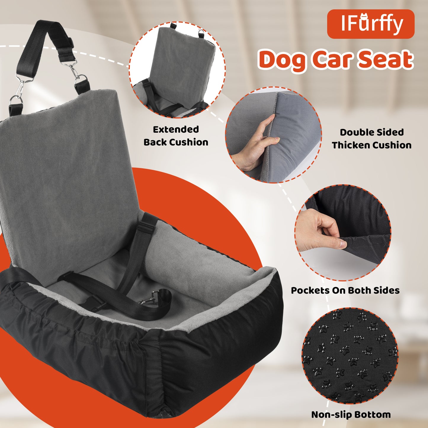 Pet Car Seat With Storage Bag And Clip-On Safety LeashBed