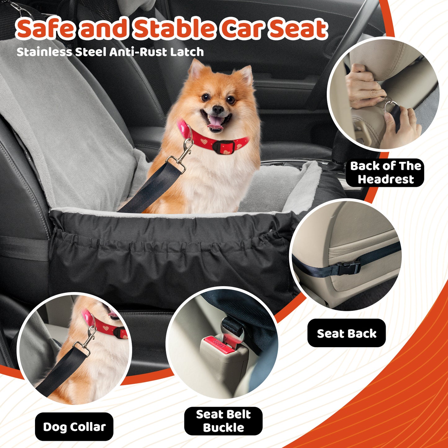 Pet Car Seat With Storage Bag And Clip-On Safety LeashBed