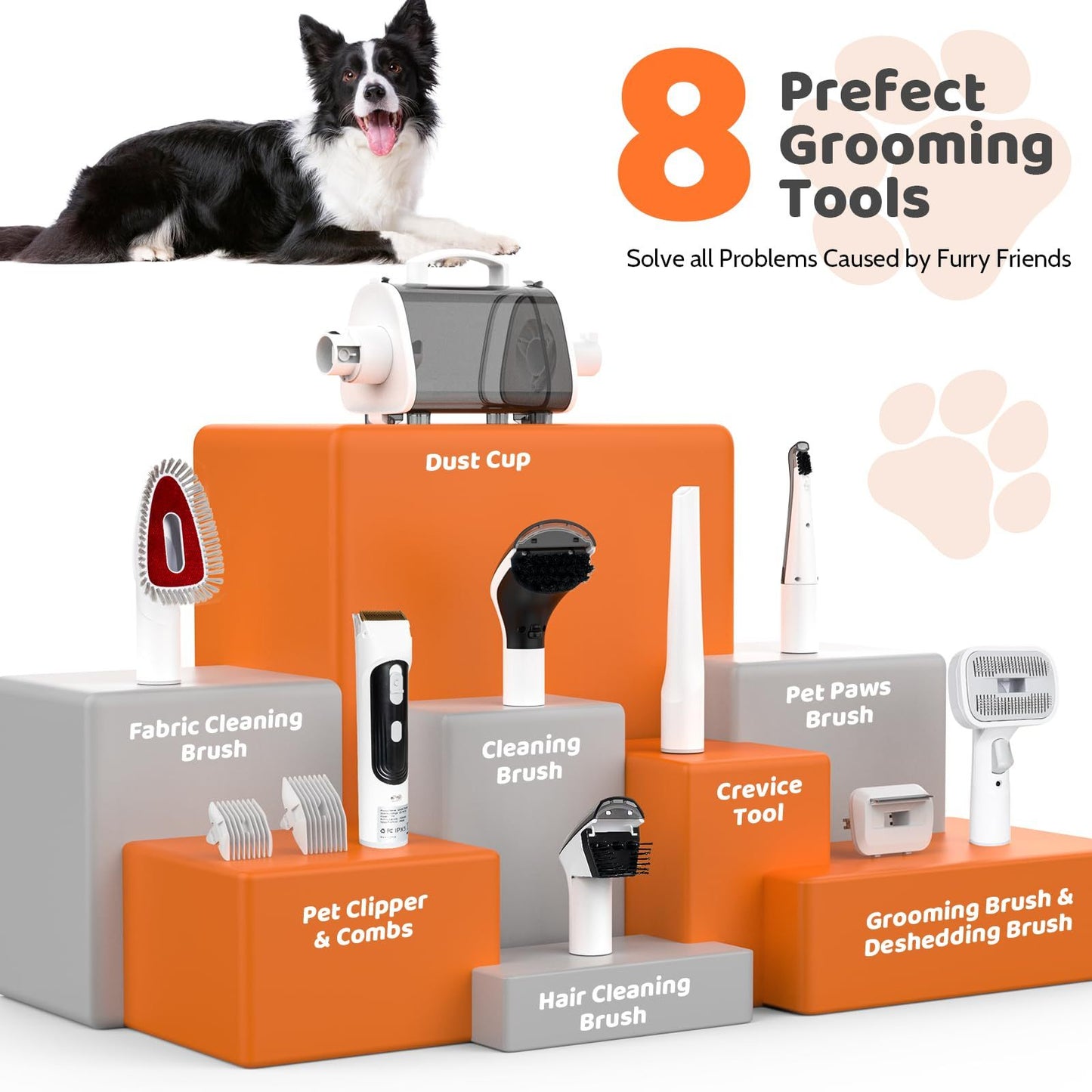 Dog Grooming Set, Pet Vacuum, Pet Blower, Drying And Suction 2 In 1 With 8 Pet Grooming Tools