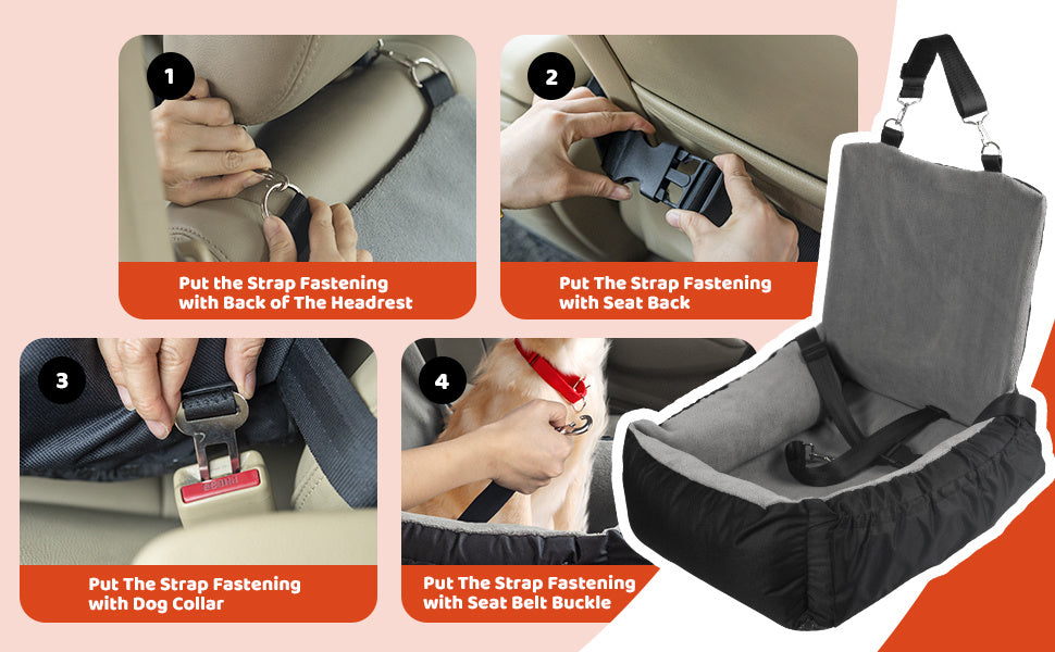 Pet Car Seat With Storage Bag And Clip-On Safety LeashBed