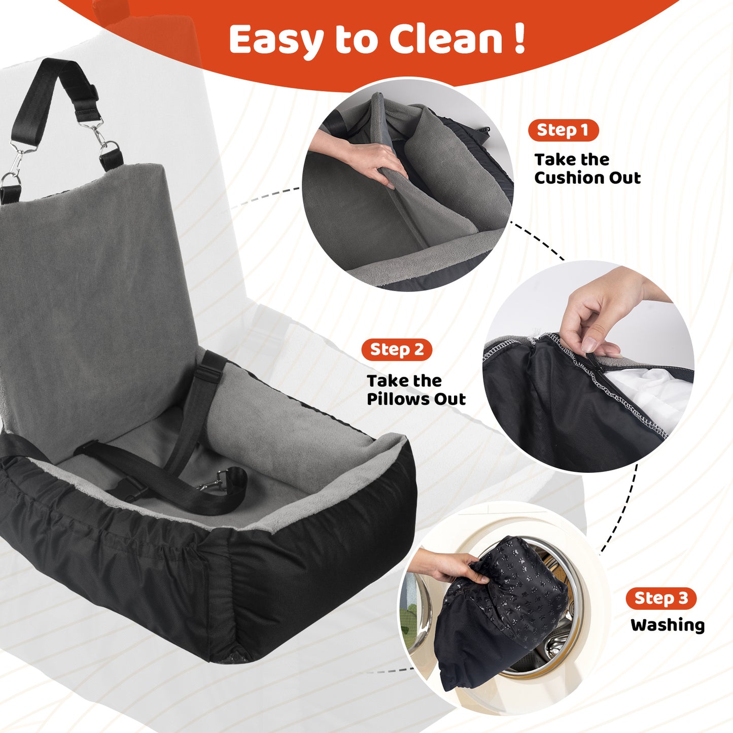 Pet Car Seat With Storage Bag And Clip-On Safety LeashBed